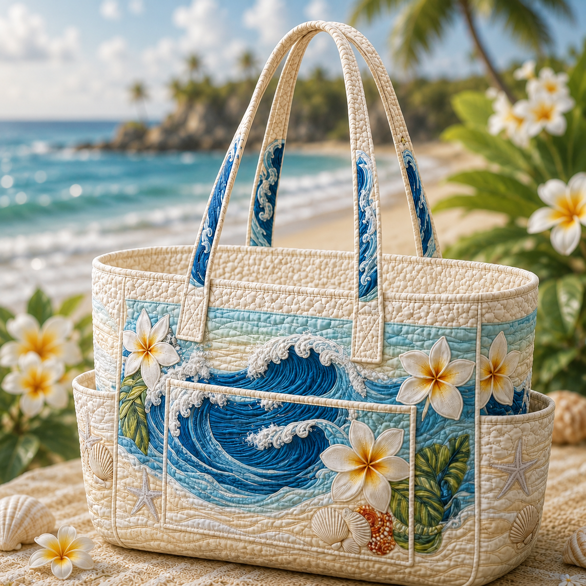 Fleur quilted tote bag in cream with blue frangipani and wave design, front view