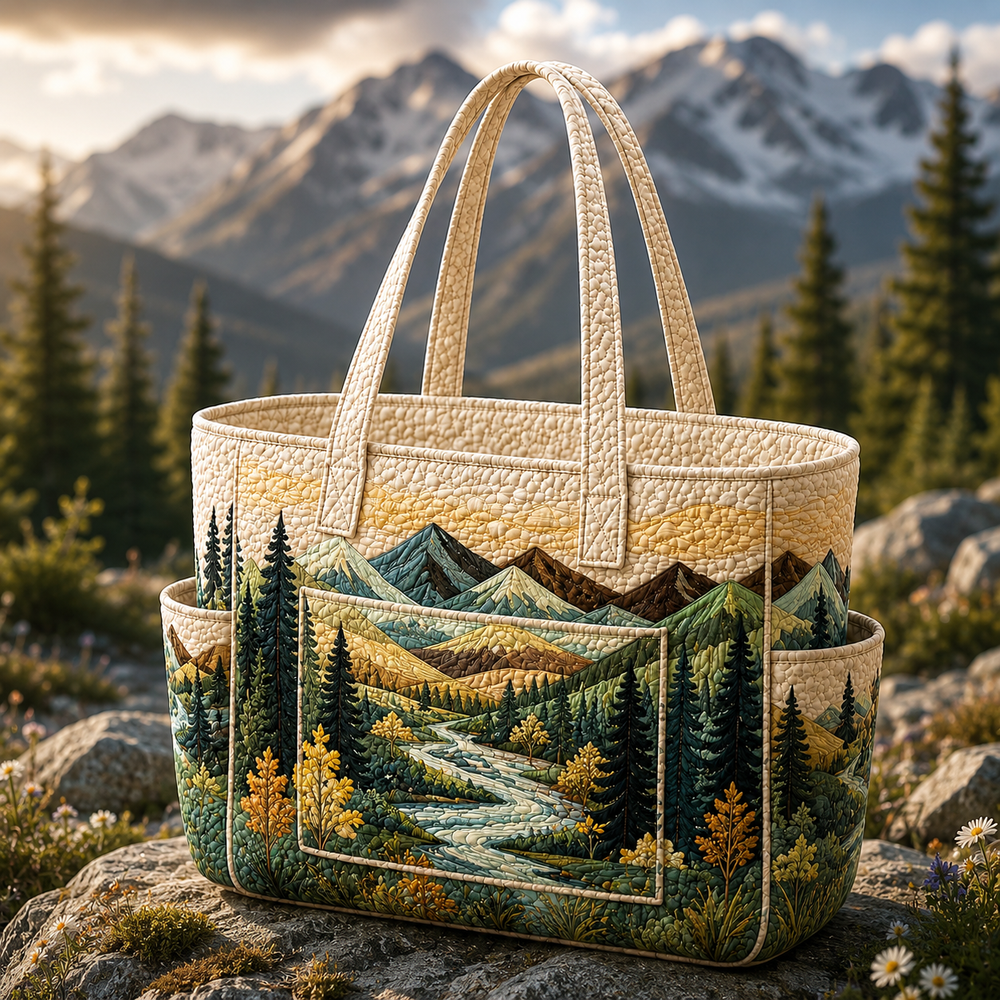 Noémie forest tote bag in cream and green, front view with twin handles