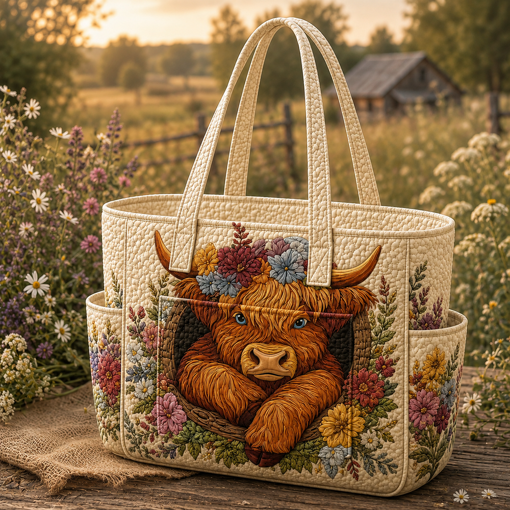 Élise country farm quilted tote bag in cream with floral highland cow design, front view