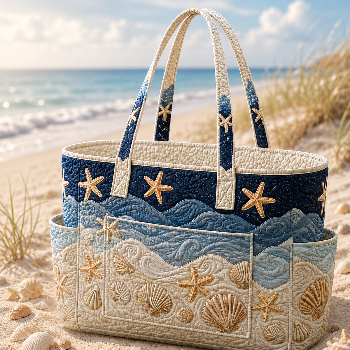 Océane Sea Breeze tote bag in navy, blue and cream with starfish and shell design