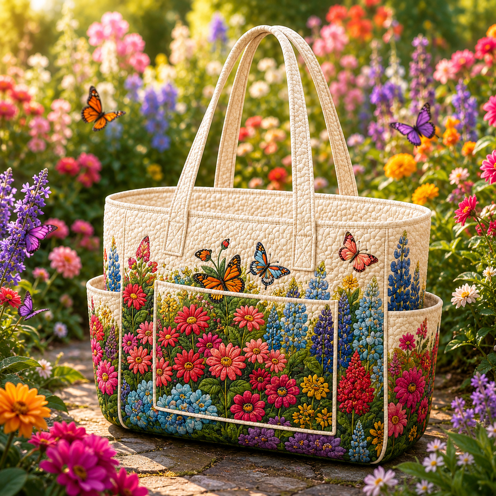 Joséphine quilted tote bag in cream with sea of flowers print, front view