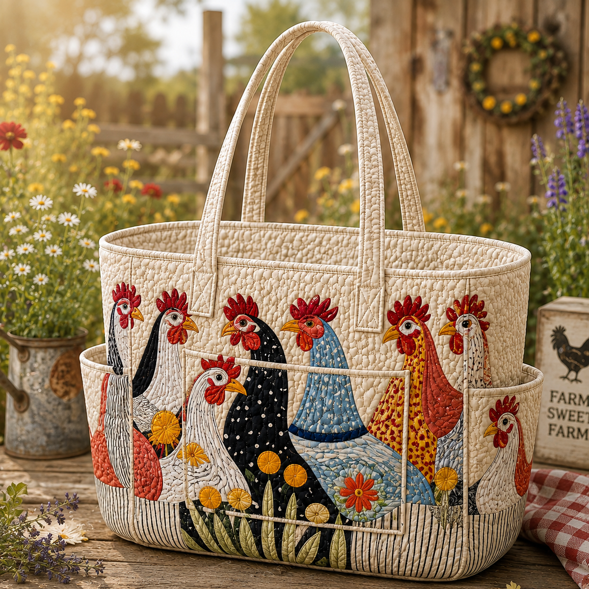 Agathe tote bag in cream with colourful meadow hen design, front view