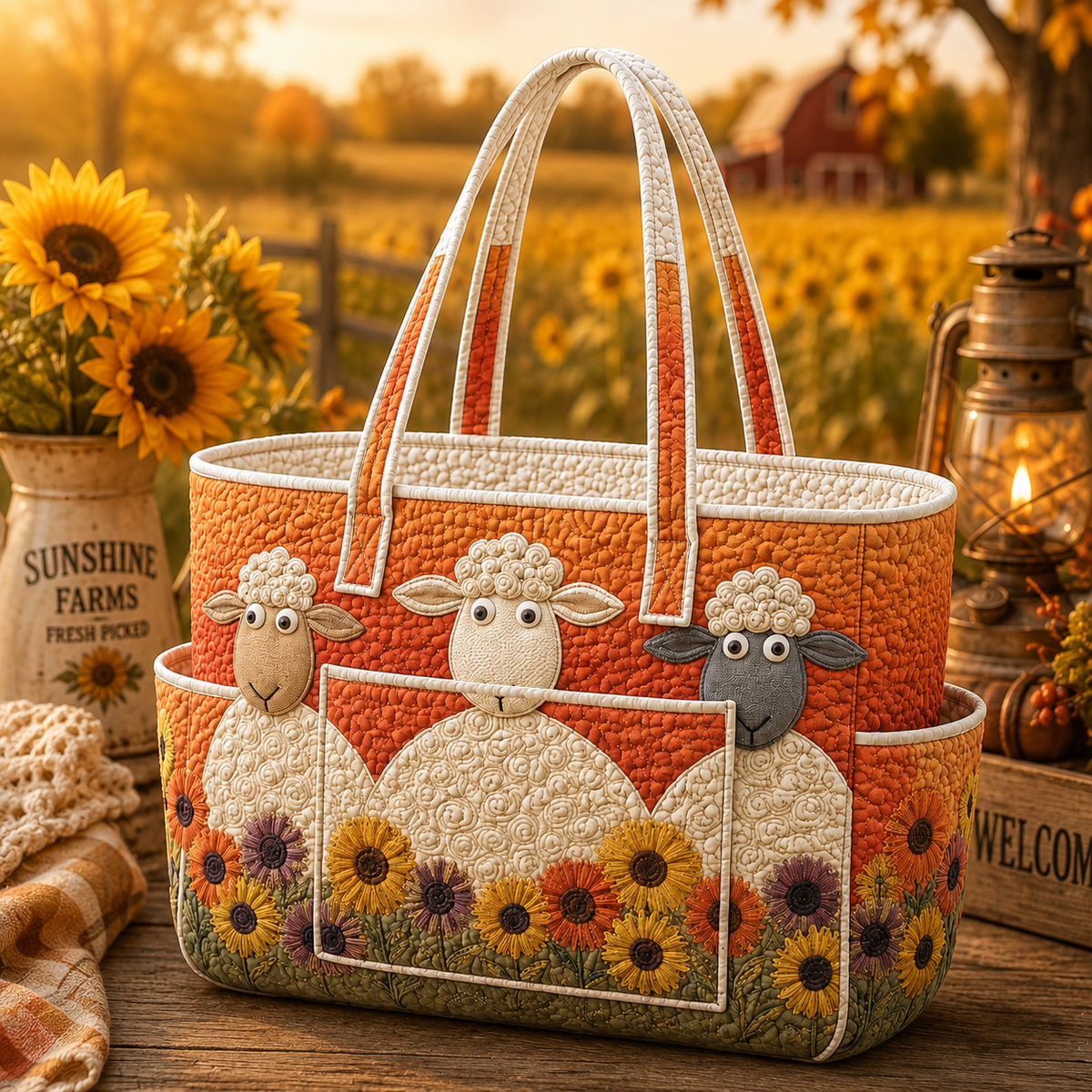 Florence quilted tote bag in orange and cream with sheep and sunflower design