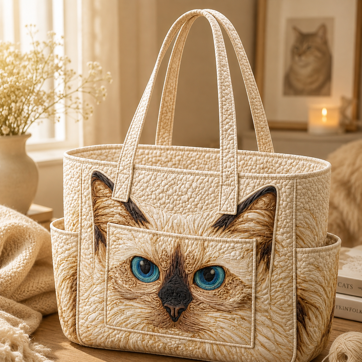 Juliette quilted tote bag in cream with ragdoll cat design, front view