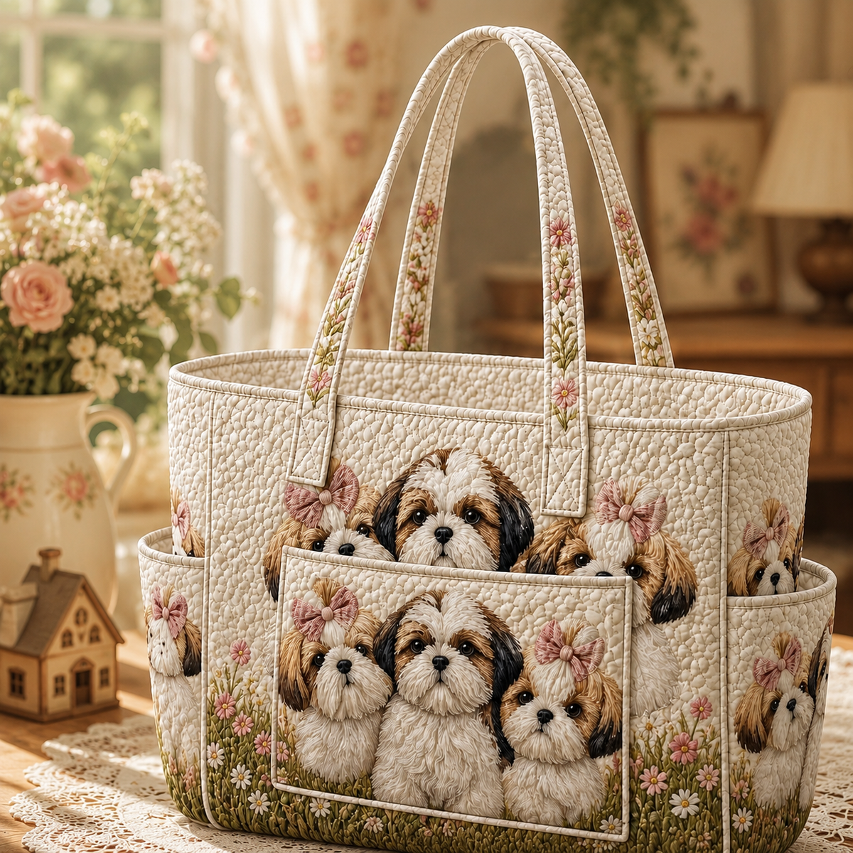 Louise quilted tote bag in cream with happy Shih Tzu and daisy print, front view