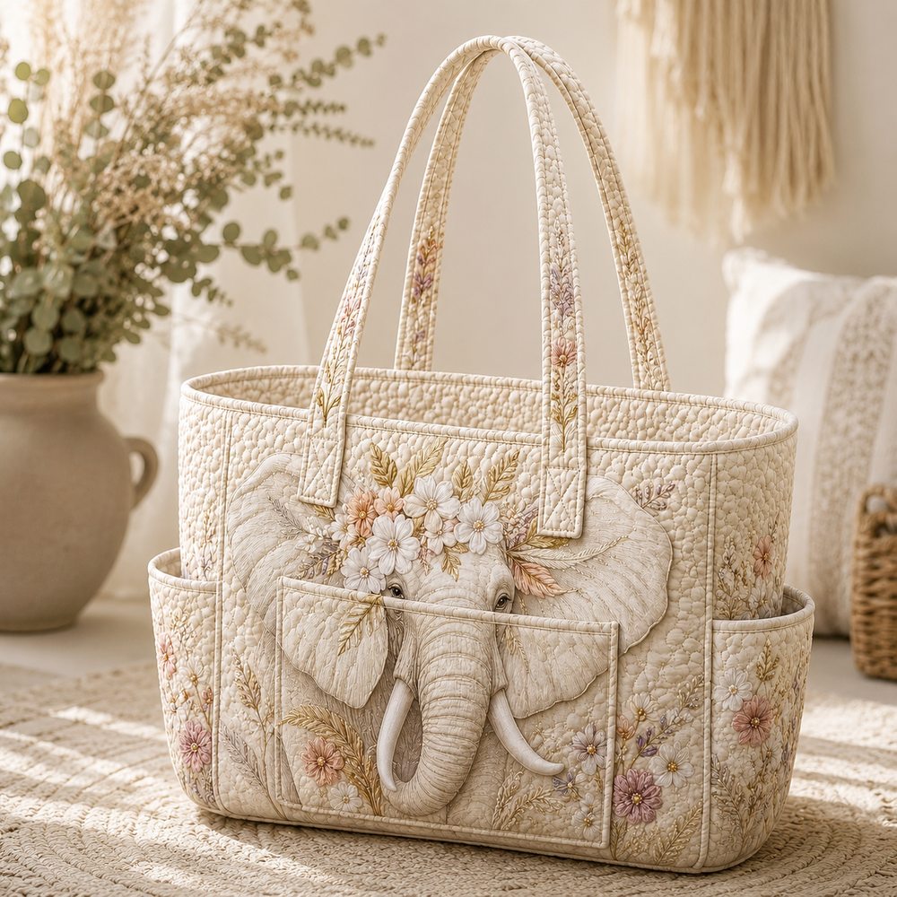 Pauline quilted tote bag in cream with floral elephant motif, front view