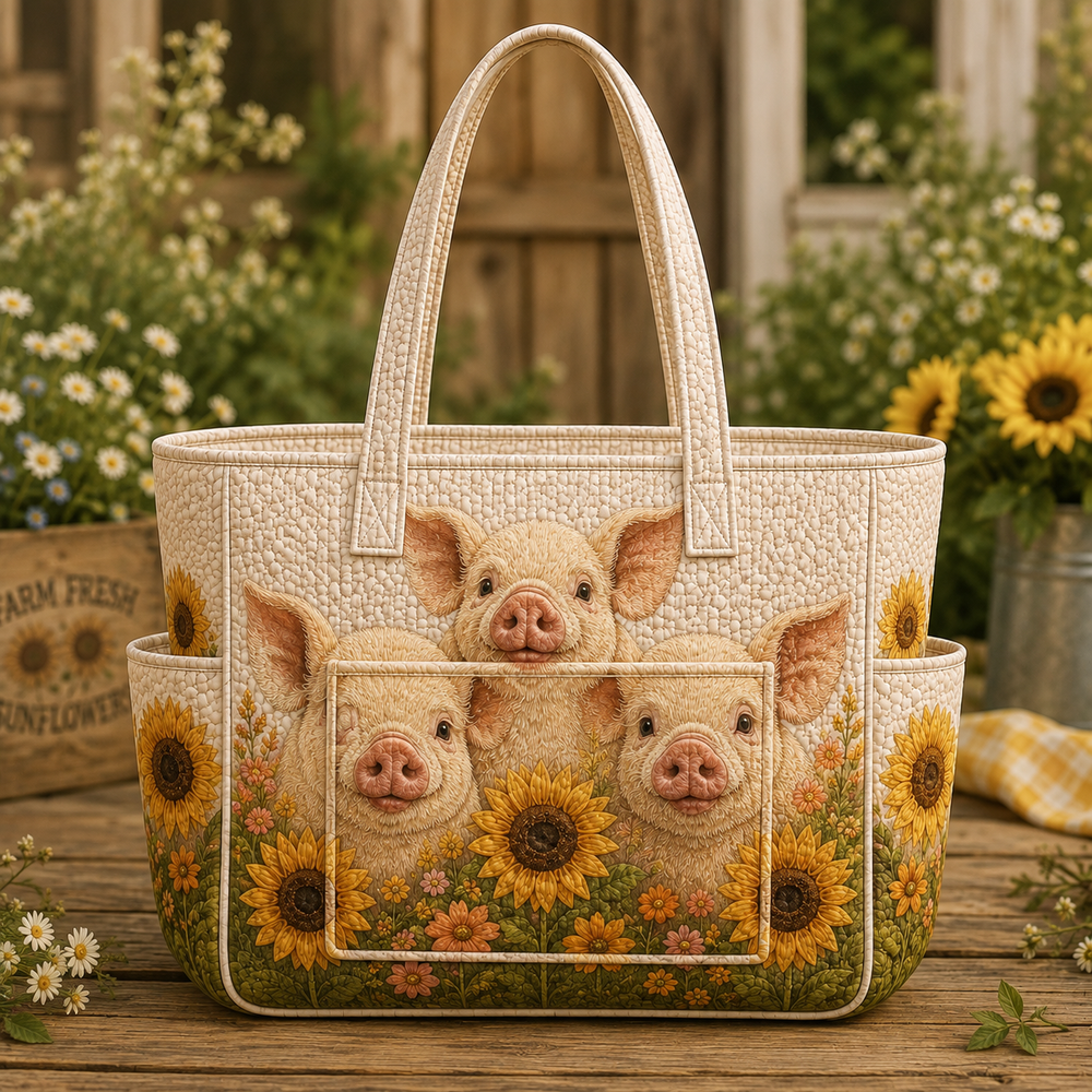 Capucine quilted tote bag in cream with happy pig and sunflower print, front view