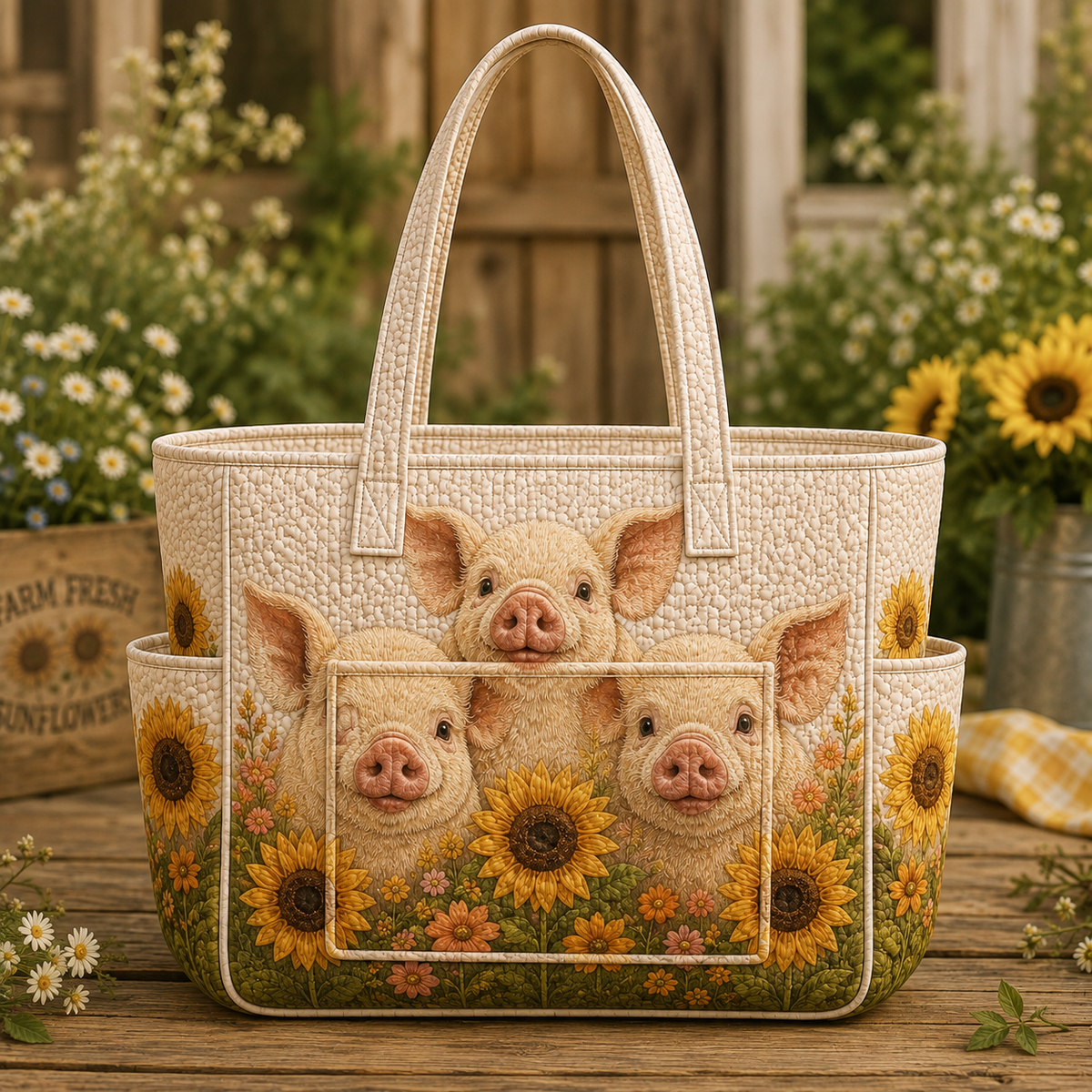 Capucine quilted tote bag in cream with happy pig and sunflower print, front view