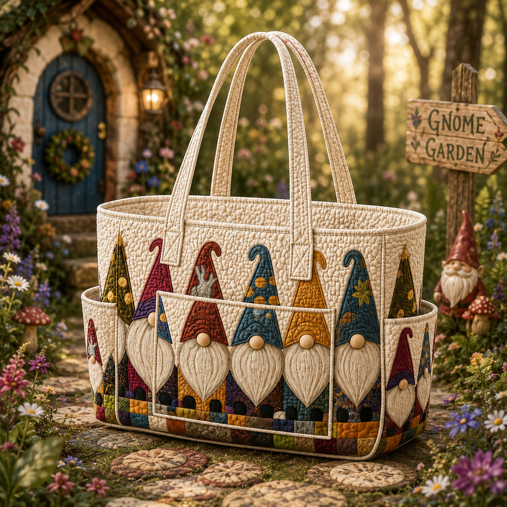 Madeleine quilted tote bag in cream with colourful gnome design, front view