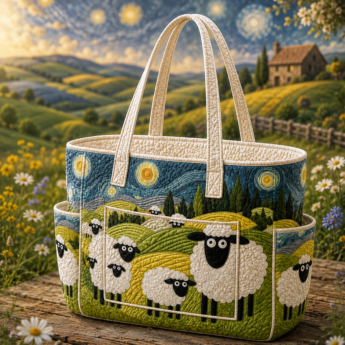 Lucie lambs in the meadow tote bag in cream, green and blue, front view with handles