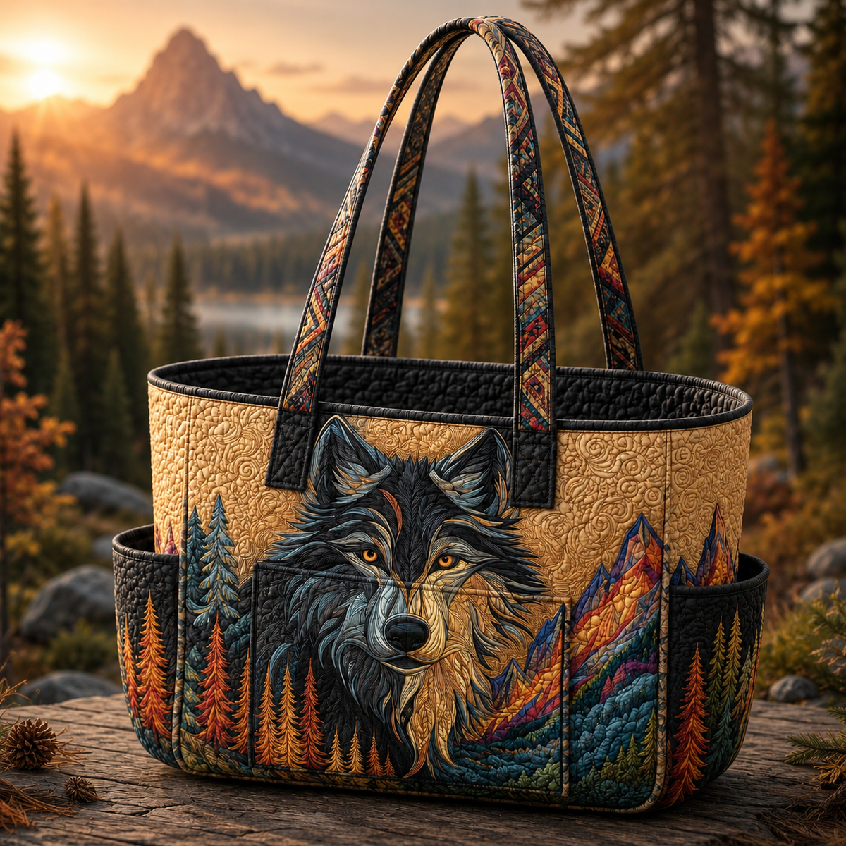 Olivia wolf quilted tote bag in golden beige, front view with twin handles