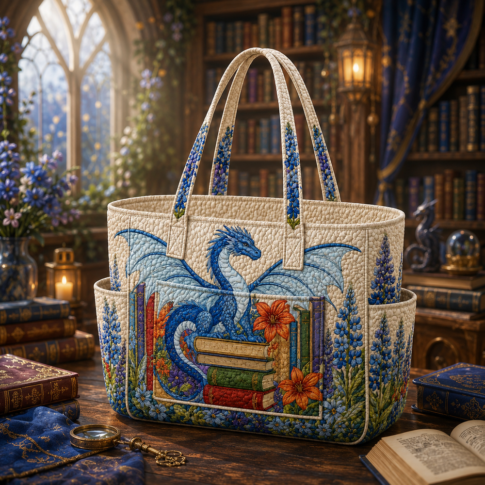 Valérie dragon tote bag in cream with blue dragon and floral panels, front view