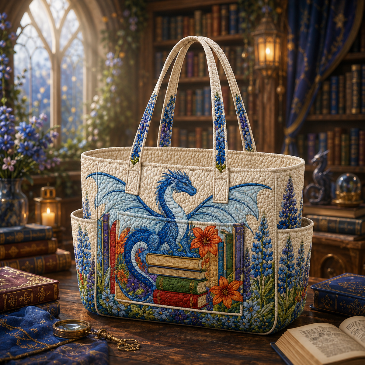 Valérie dragon tote bag in cream with blue dragon and floral panels, front view