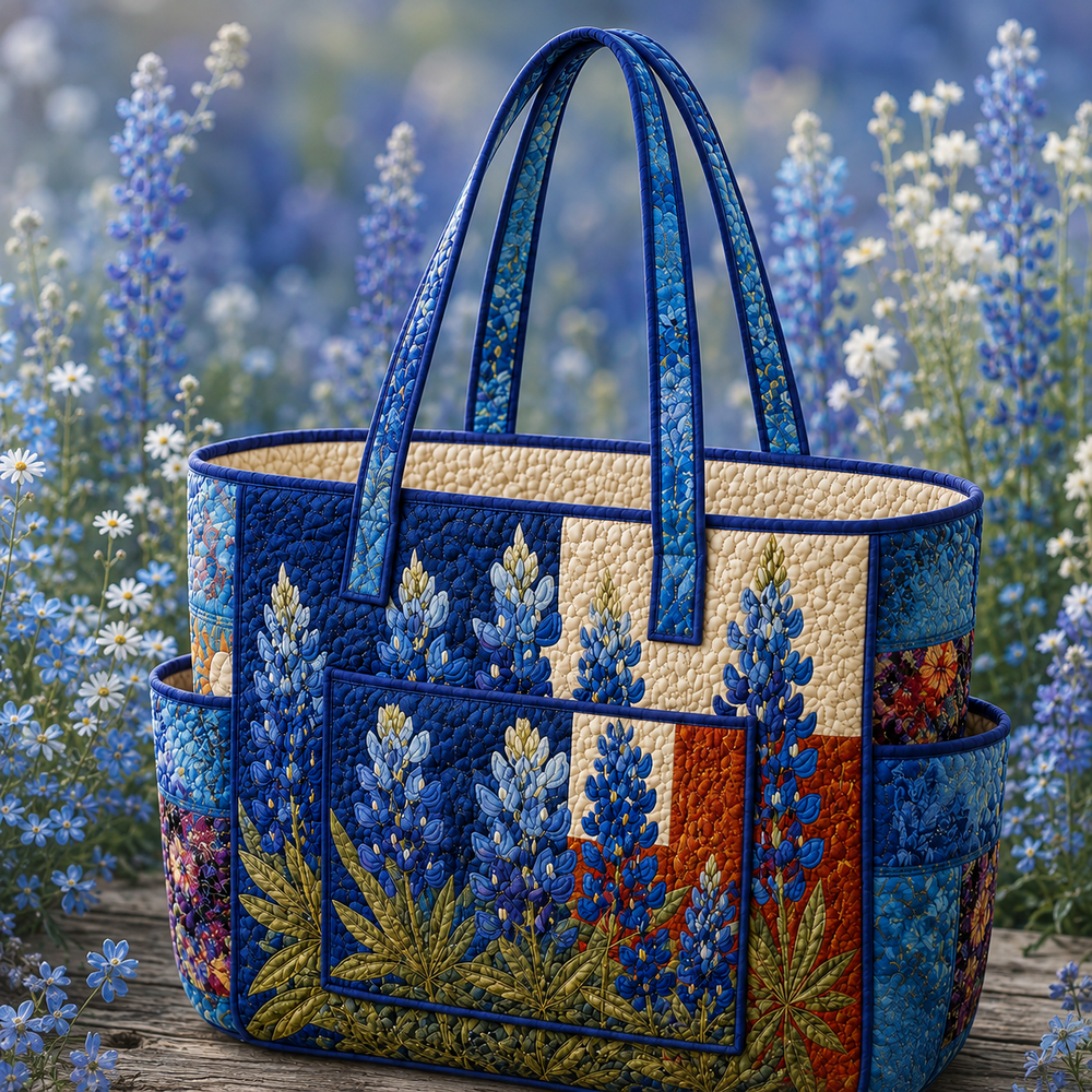 Marine quilted tote bag with blue flower patchwork panels and navy piping, front view