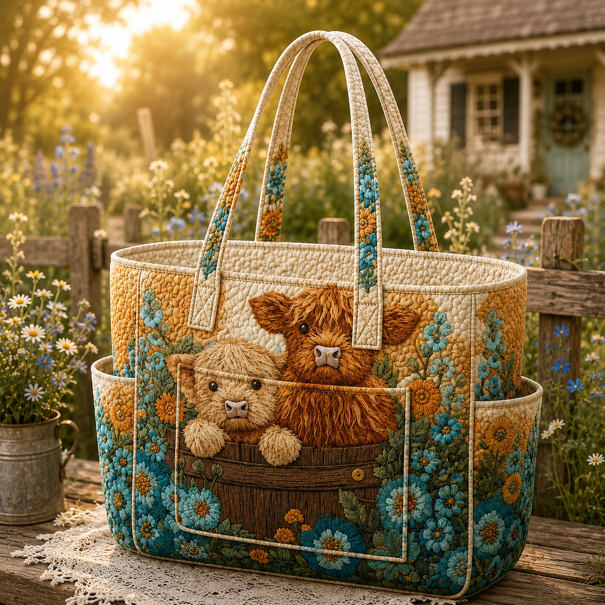 Monique highland cow tote bag in cream with blue and gold floral design, front view