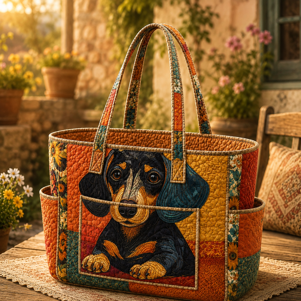Céline dachshund tote bag in orange and mustard patchwork, front view with long handles