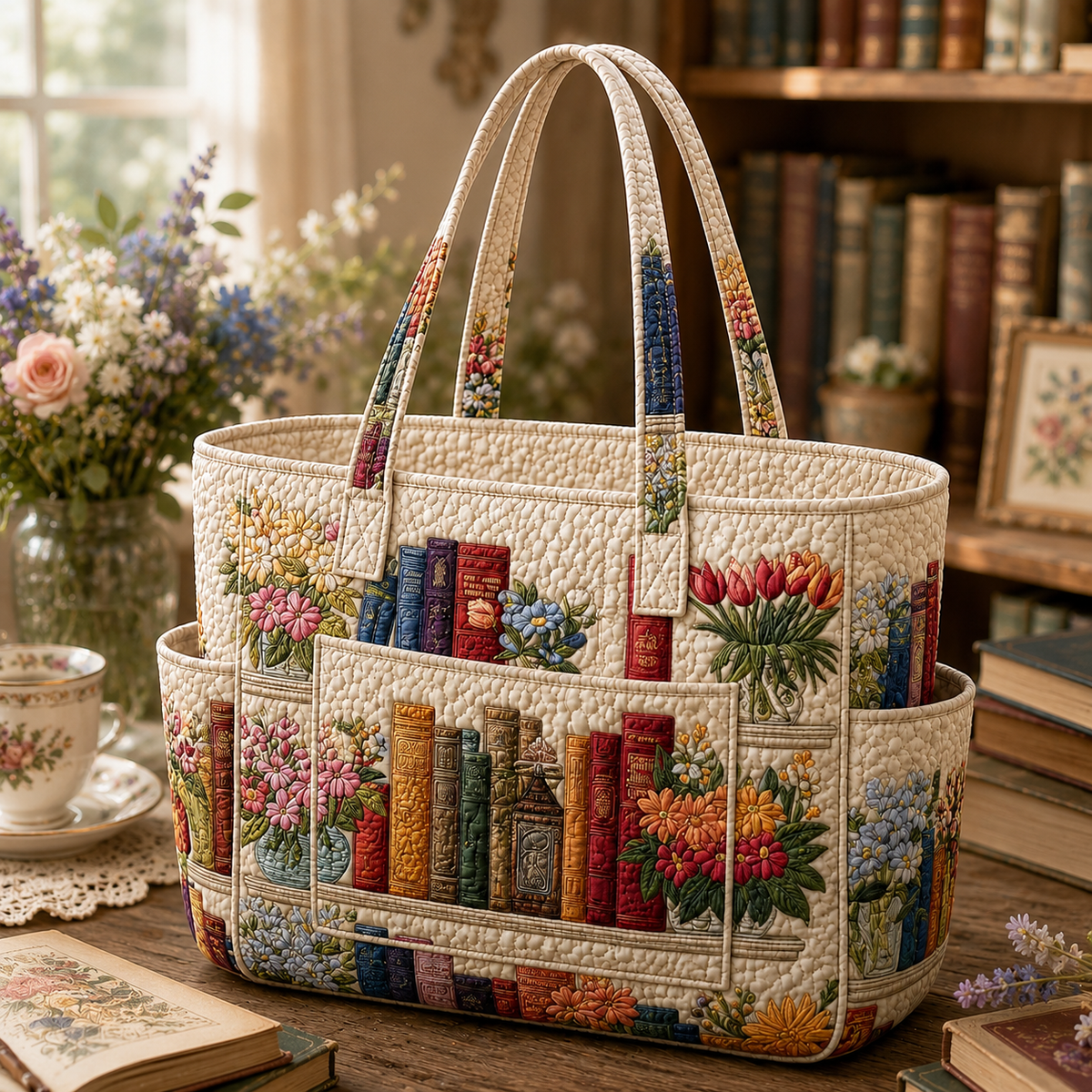 Bernadette books quilted tote bag in cream, front view with bookshelf and floral print