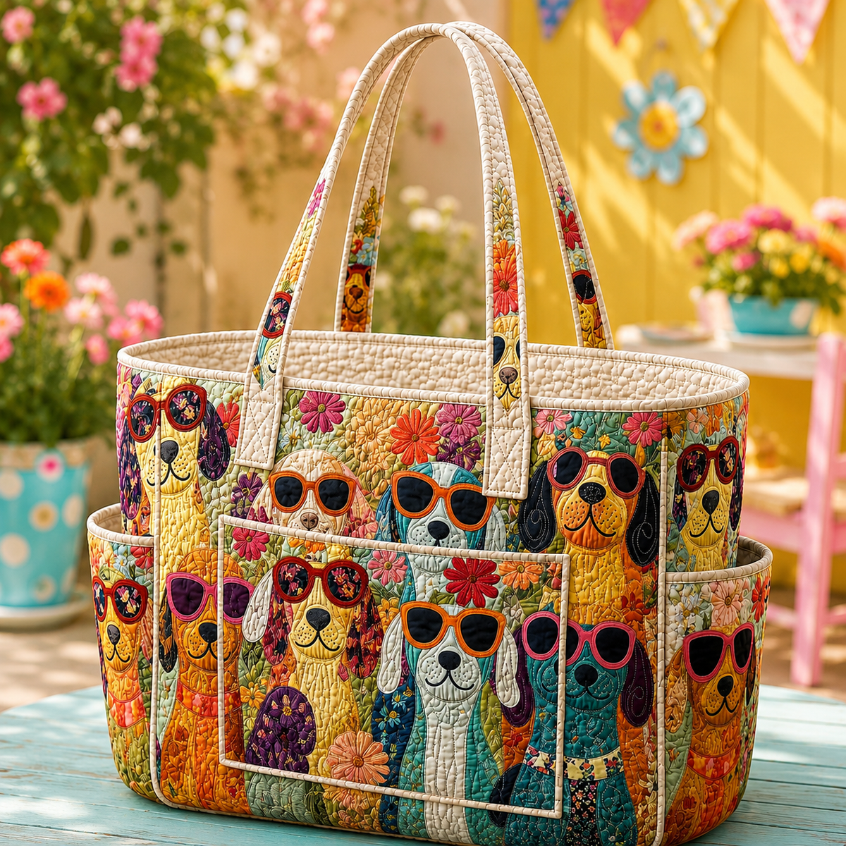 Sophie quilted tote bag with happy dogs and floral print, front view