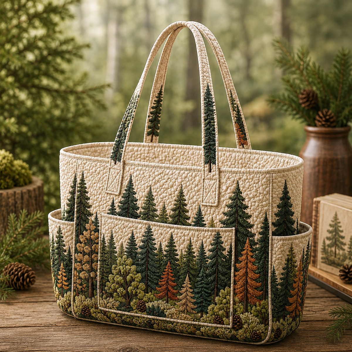 Aurélie tote bag in cream with green forest tree design, front view with handles