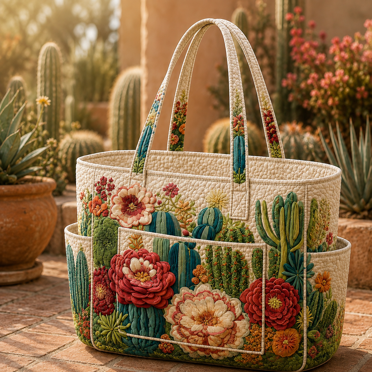 Claire tote bag in cream with blooming cactus and floral design, front view
