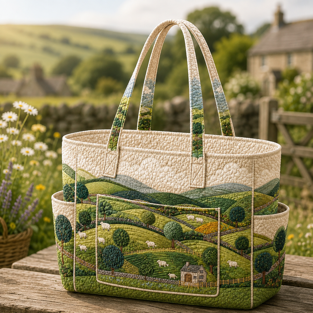 Mireille little sheep tote bag in cream and green, front view with countryside scene