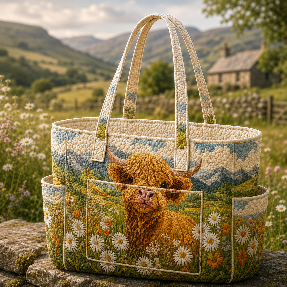 Jade tote bag in cream with highland cow and daisy print, front view