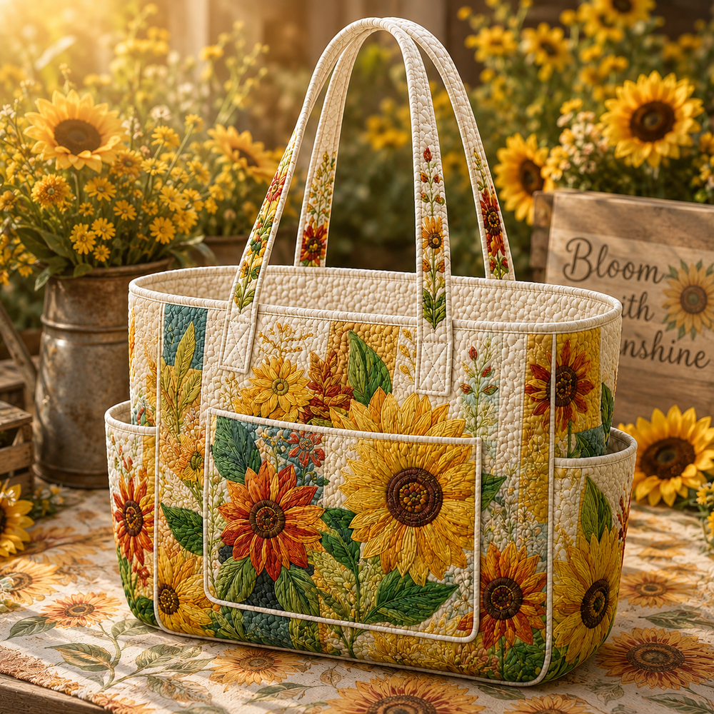 Gisèle quilted tote bag with golden sunflower print, front view with handles upright