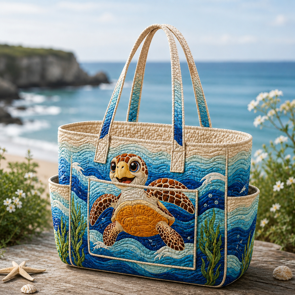 Coralie sea turtle tote bag in blue and cream, front view with turtle pocket