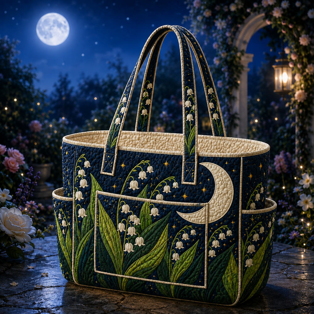 Laure tote bag in navy and cream with lily of the valley and crescent moon design