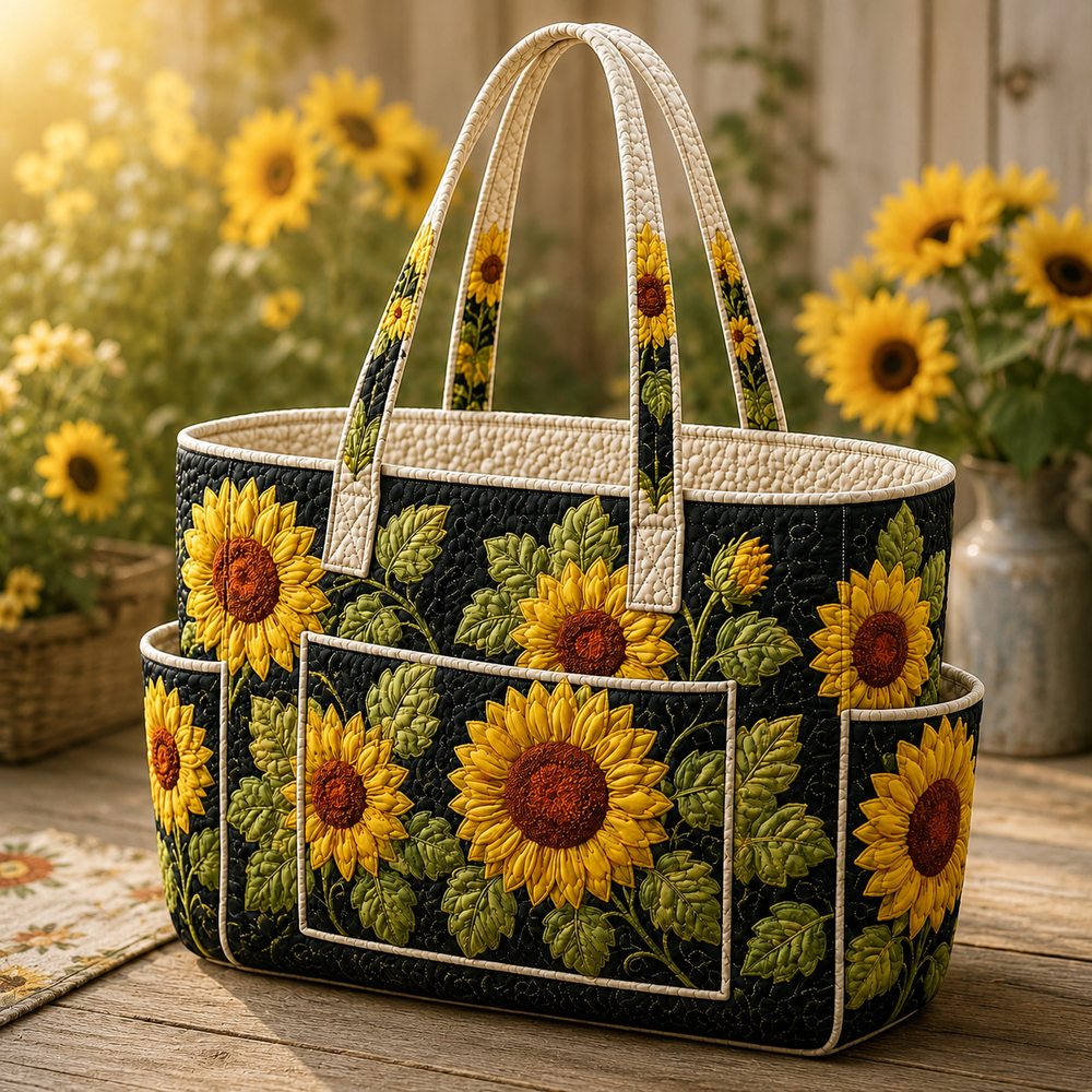 Suzanne sunflower tote bag in black and yellow with cream handles, front view