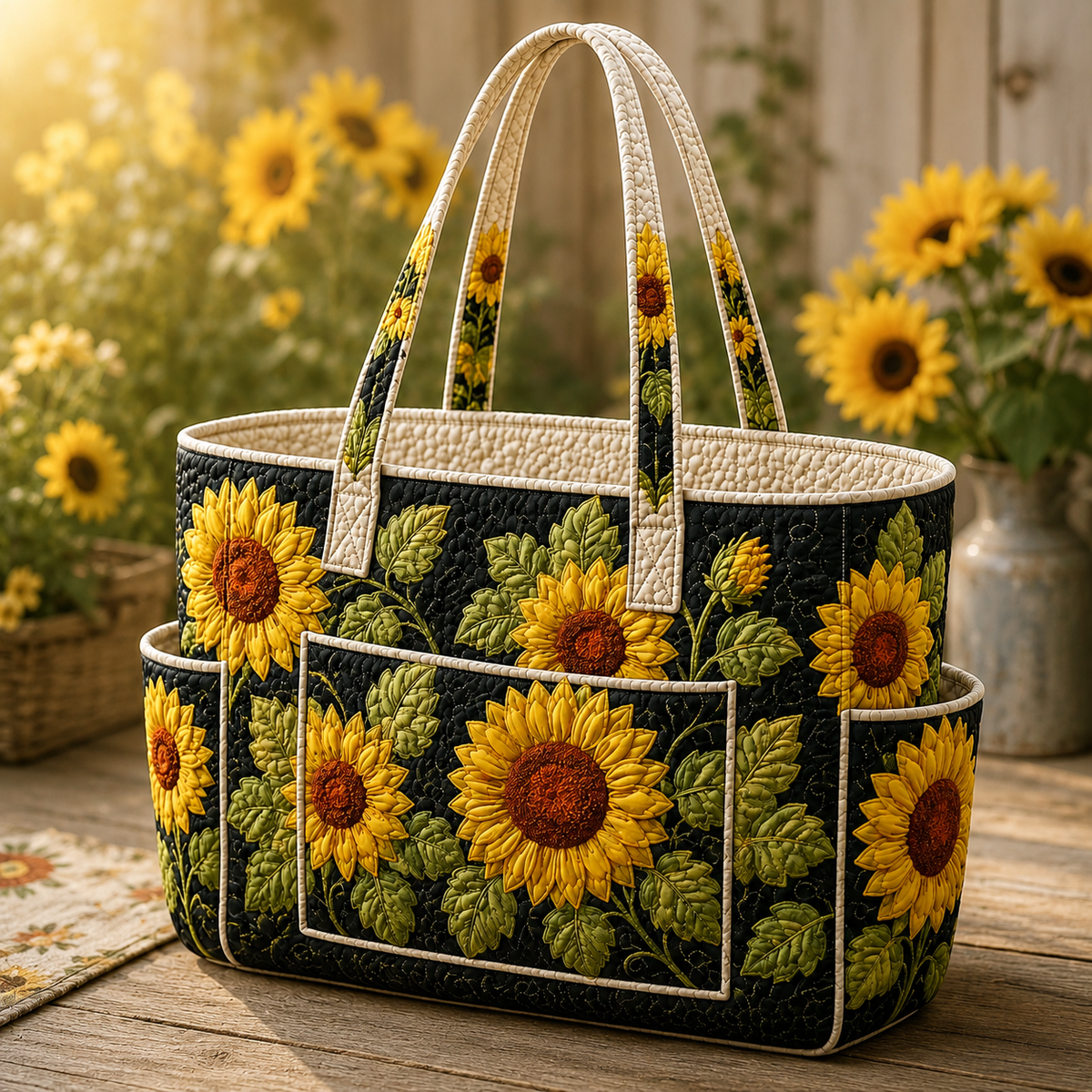 Suzanne sunflower tote bag in black and yellow with cream handles, front view