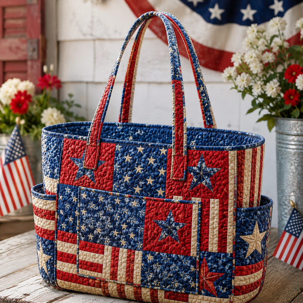 Brigitte American flag quilted tote bag in red, navy and cream, front view with handles