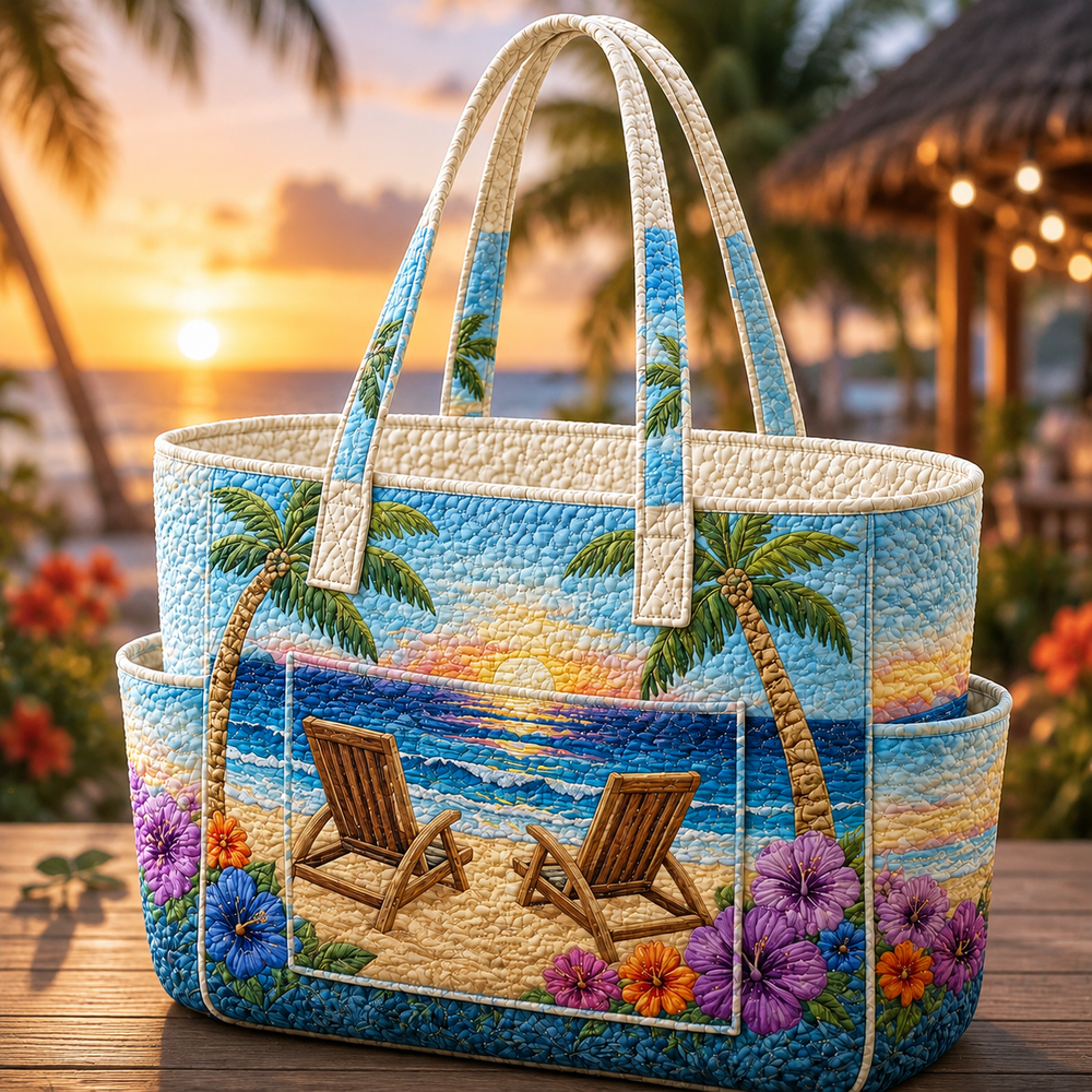 Isabelle tote bag in cream and blue with palm island sunset print, front view