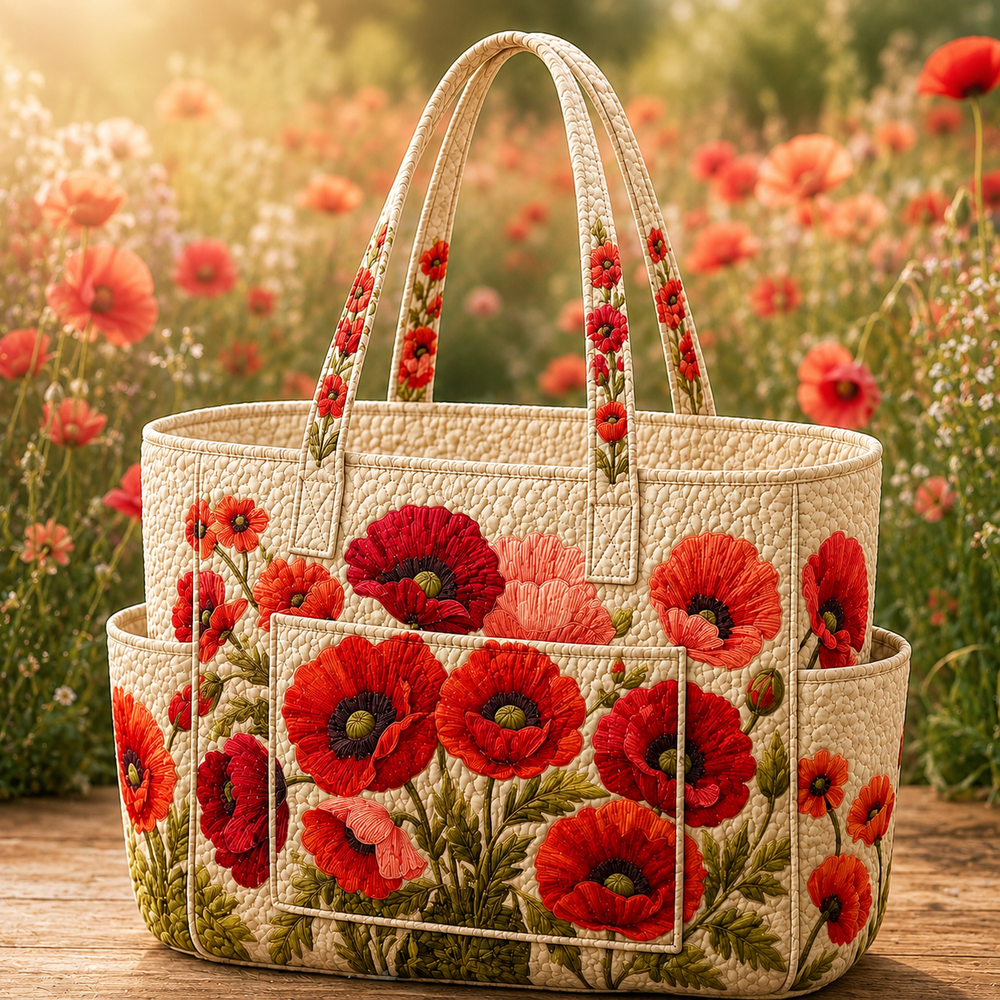 Pénélope tote bag in cream with red poppy design, front view with twin handles