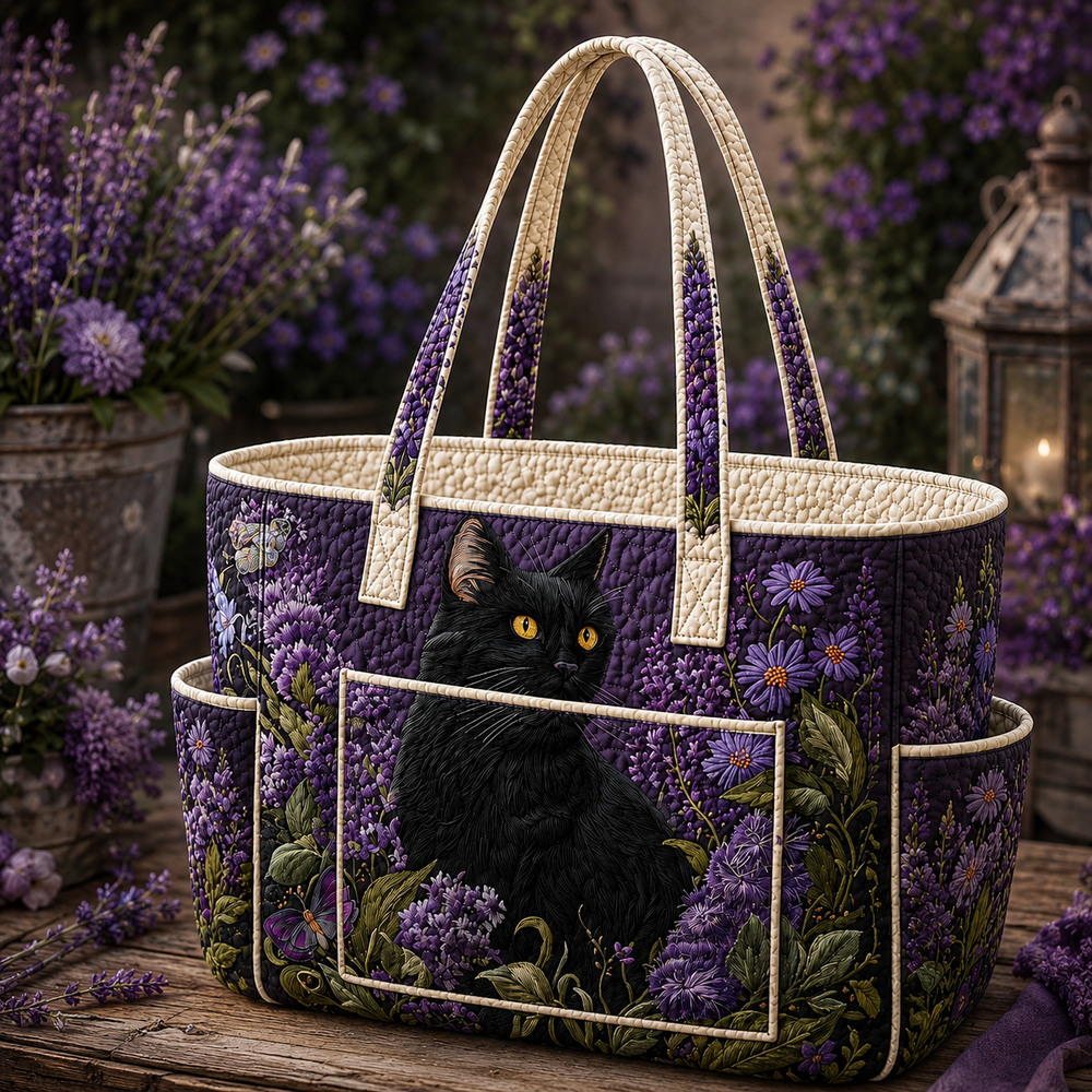 Éva cat quilted tote bag in purple and cream, front view with twin handles