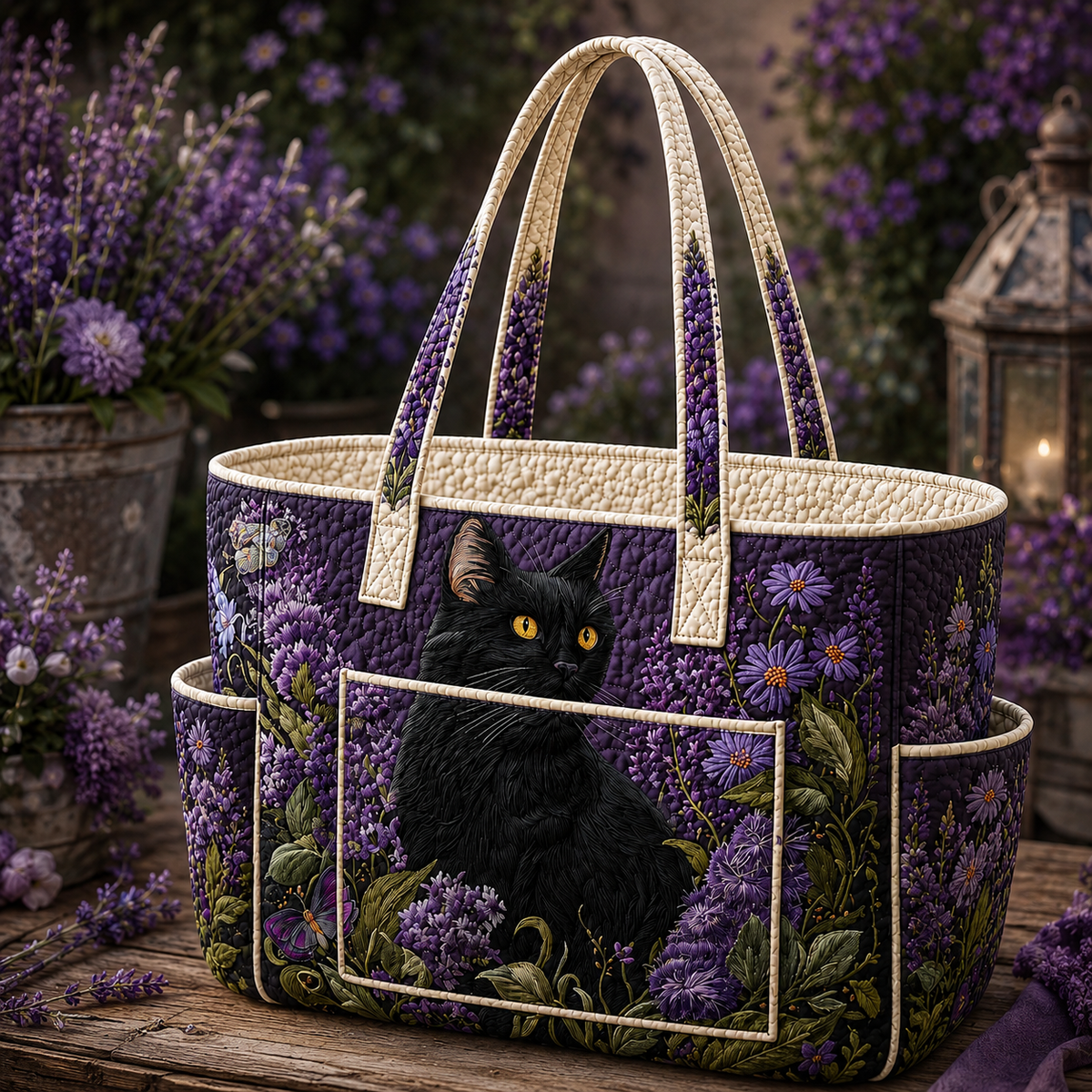 Éva cat quilted tote bag in purple and cream, front view with twin handles