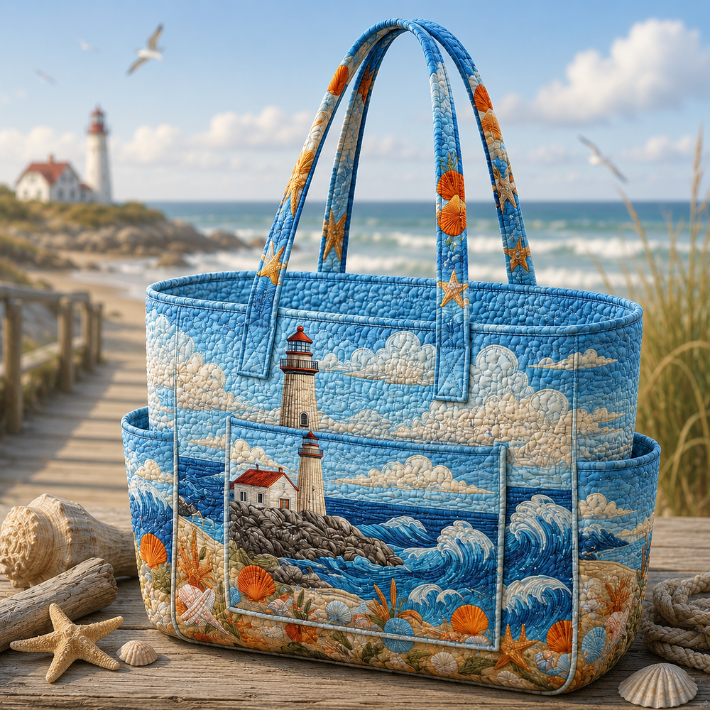 Sabine tote bag in blue with lighthouse, waves and shell design, front view