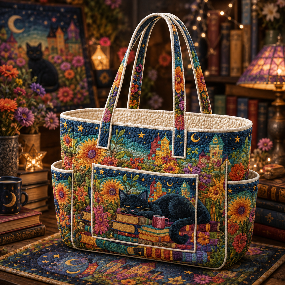 Lise tote bag in navy floral with sleeping black cat design, front view