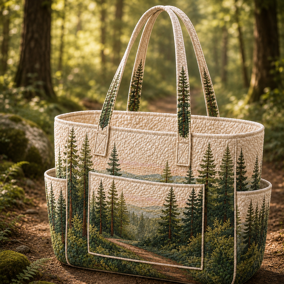 Sylvie quilted tote bag in cream with green forest path print, front view