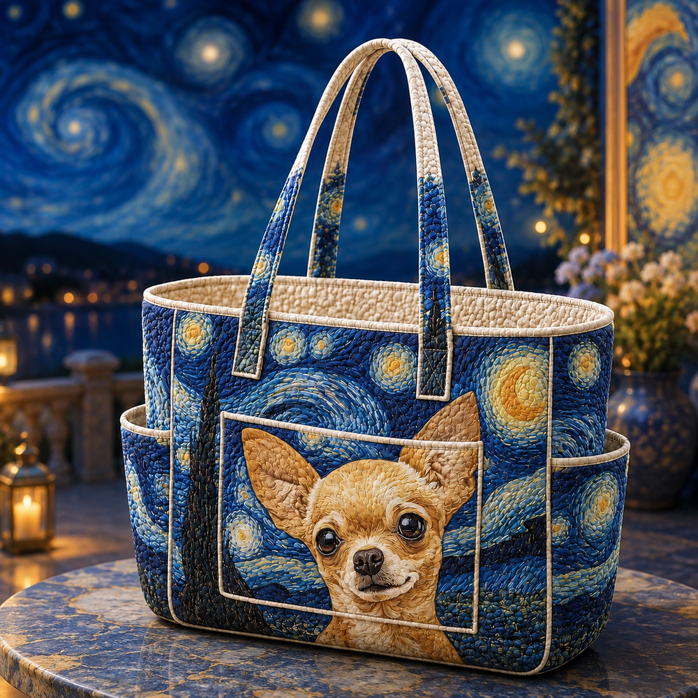Inès tote bag in deep blue with starry swirls and chihuahua portrait, front view
