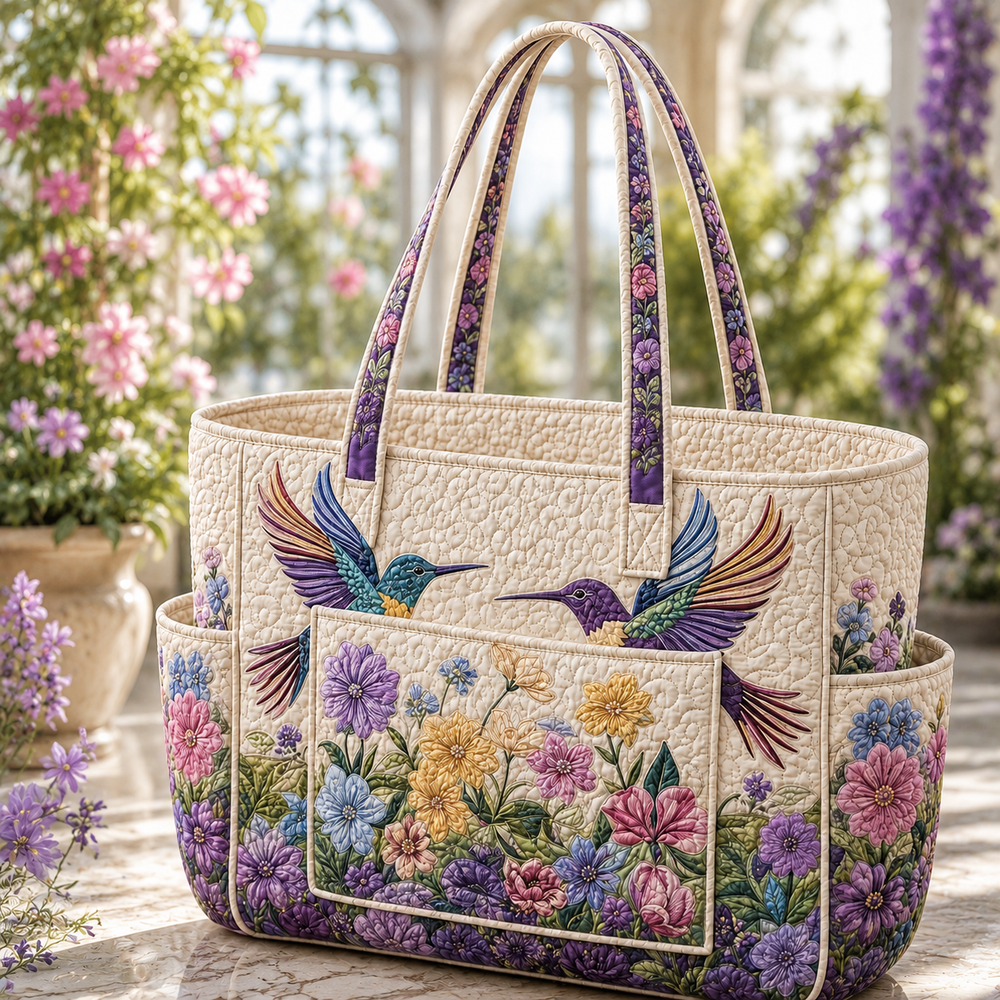 Maëlle hummingbird tote bag in cream with floral border, front view