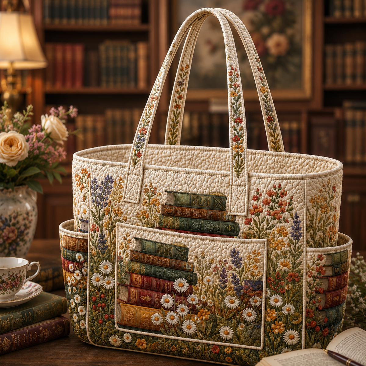 Diane quilted tote bag in cream with vintage books and wildflower design, front view