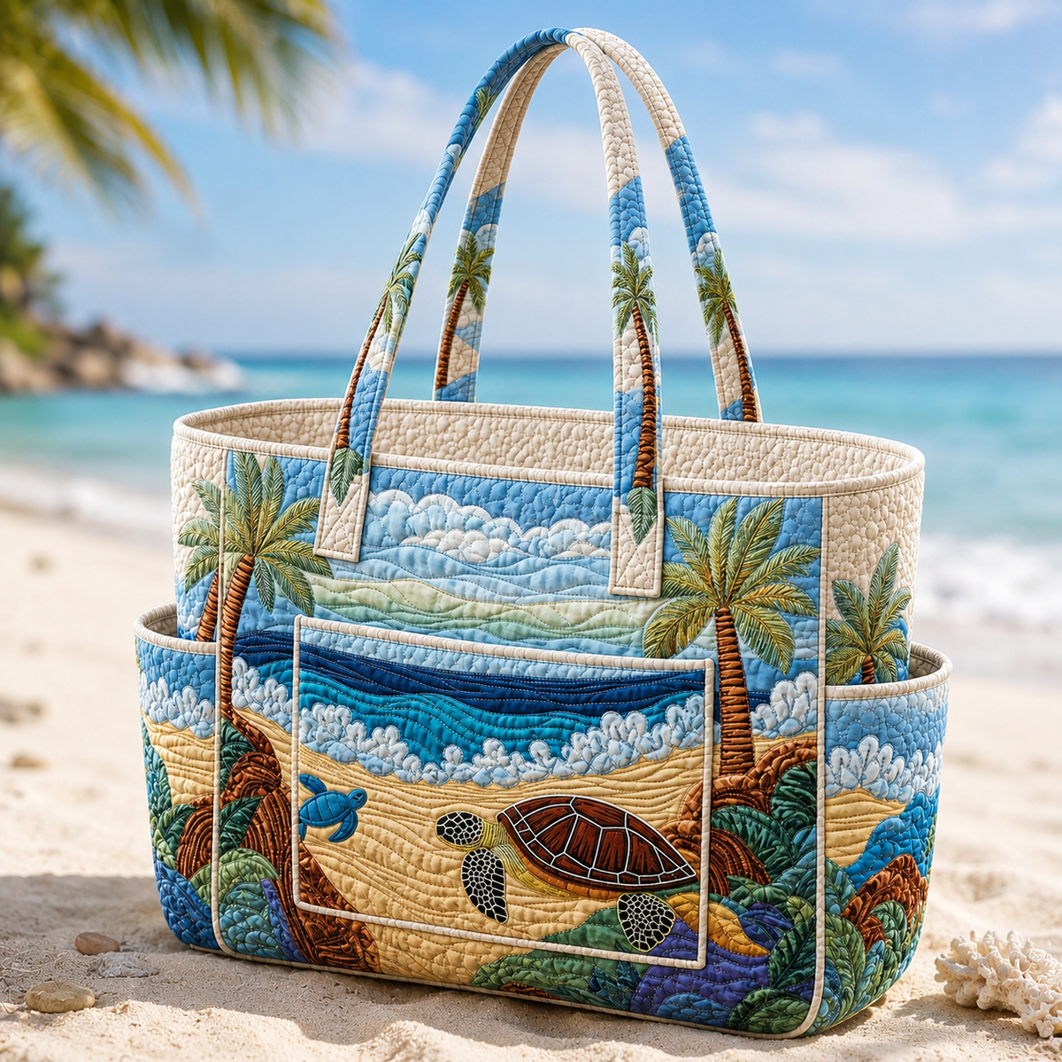 Delphine sea turtle quilted tote bag in blue and cream, front view on sand
