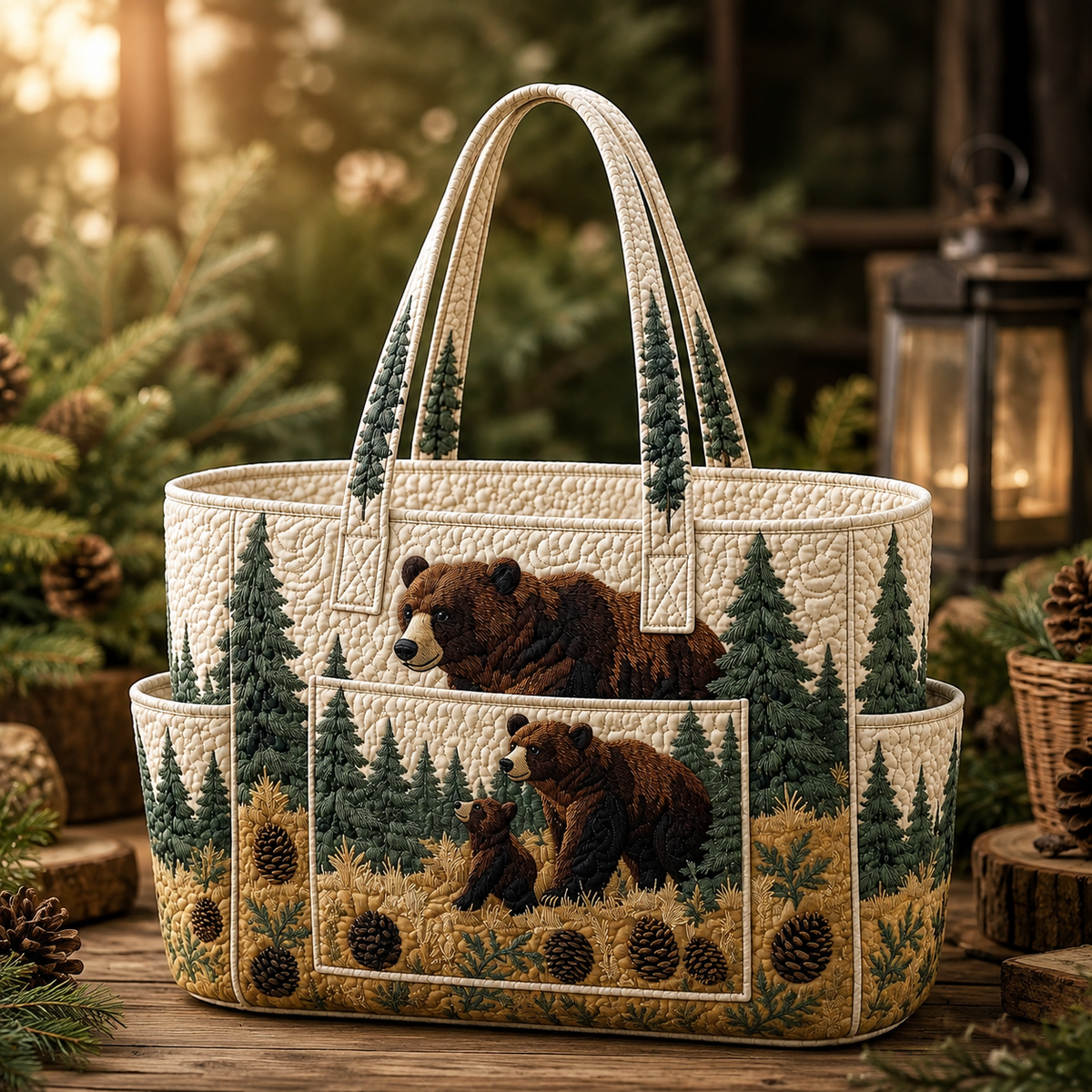 Caroline quilted tote bag in cream with woodland bear and pine tree design, front view