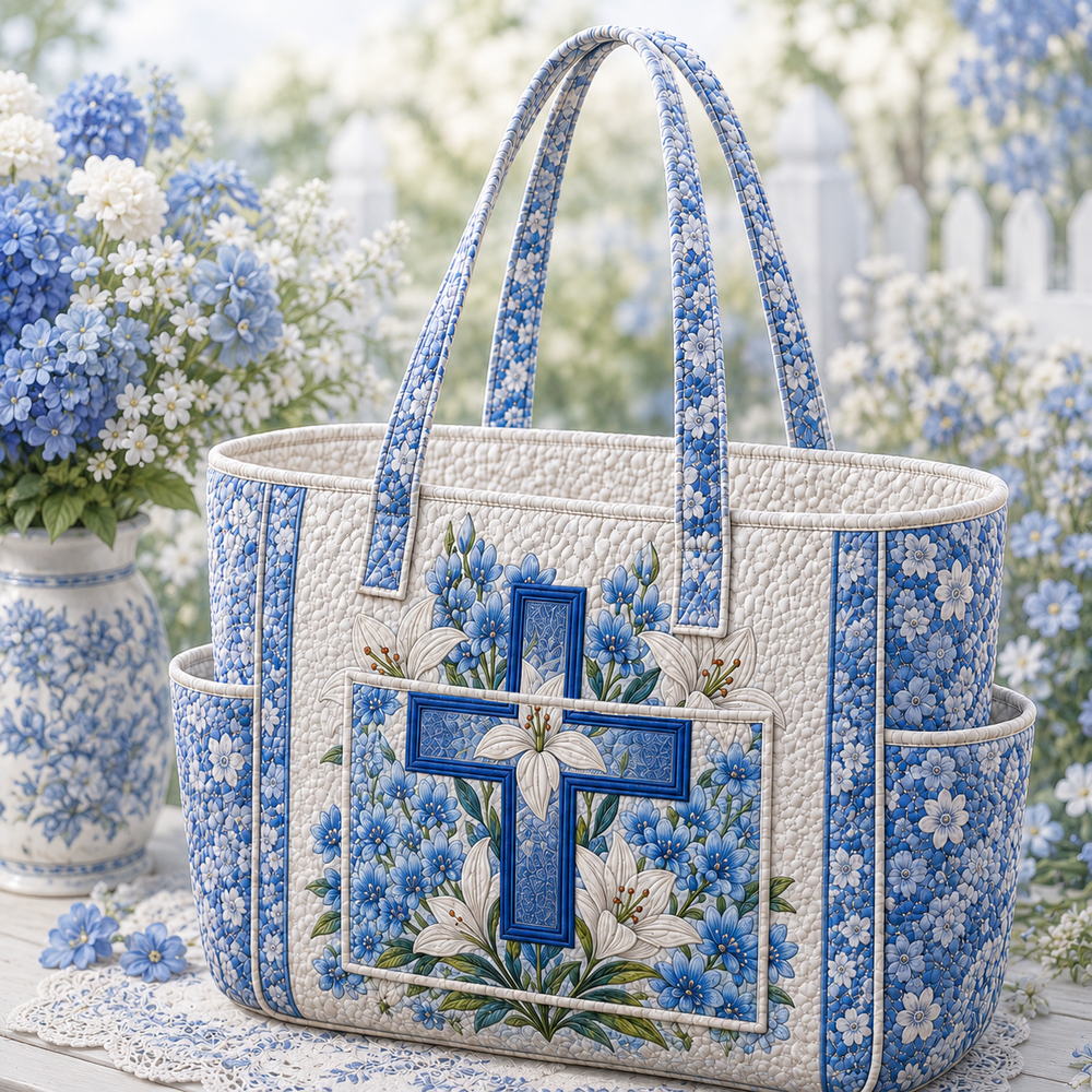 Marie quilted tote bag in cream and blue floral with cross and lily motif, front view