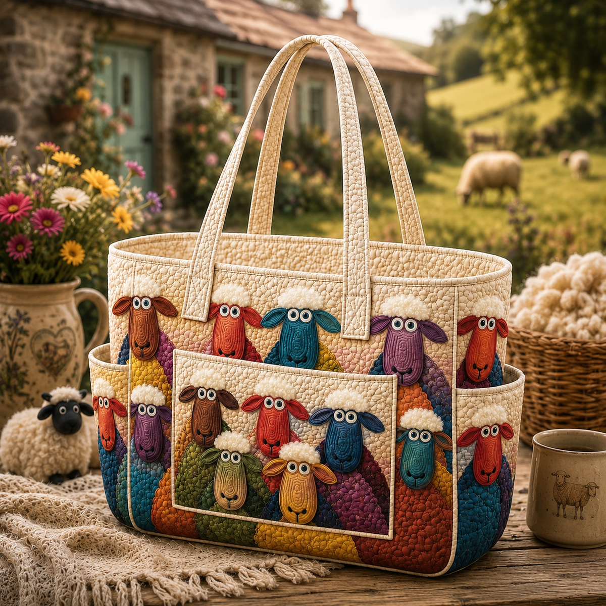 Sandrine quilted tote bag in cream with colourful sheep design and front pocket