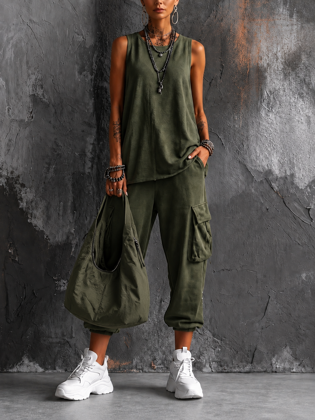 Noelia two-piece set in green, full-length front view