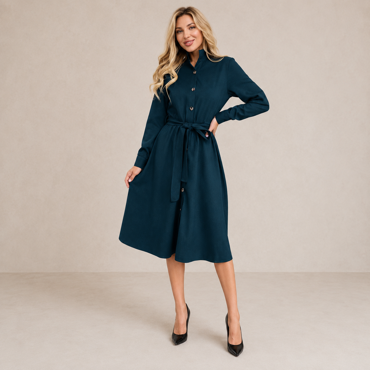 Liora belted button midi dress in deep teal