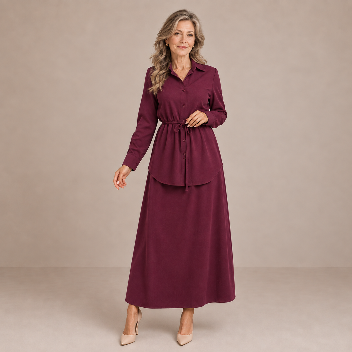 Cornelia long skirt co-ord set in burgundy, full-length front view