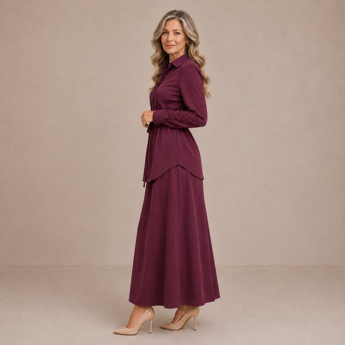 Cornelia long skirt co-ord set in burgundy, full-length side view